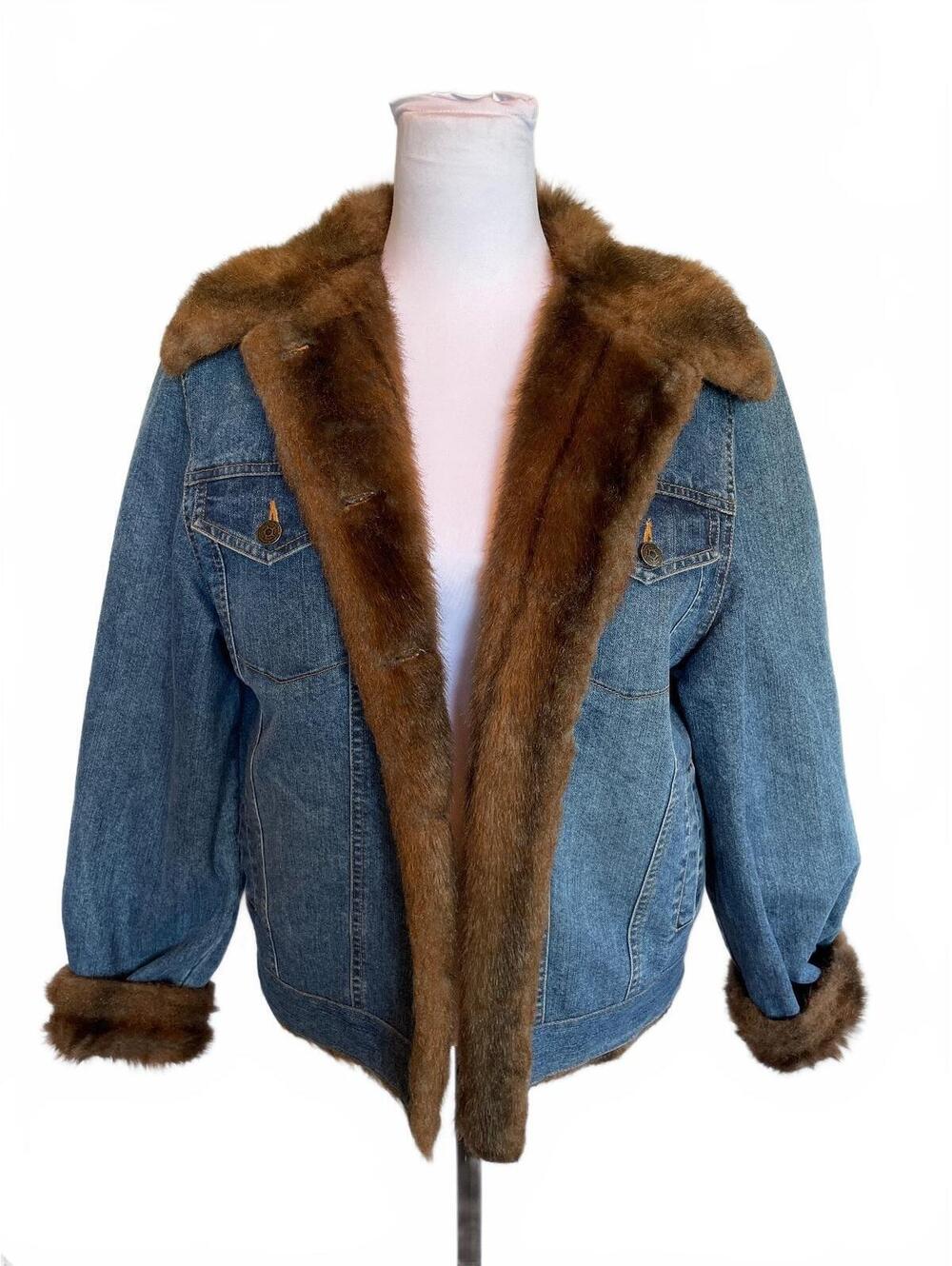 Vintage Faux Fur Lined Denim Jacket Brown Women's Large Western Cowgirl Country